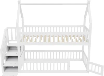 Produktbild von Merax Etagenbett 90x20 aus Massivholz mit Dach, Kinderbett mit Sicherheitstreppe und Schubladen, Spielbett mit Stauraum für Mädchen und Jungen, Weiß