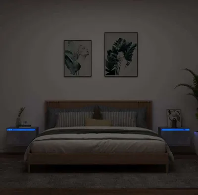 Produktbild von "im  " Wand-Nachttische 2 Stk. - Nachtkommode/Nachtkonsole - mit LED-Leuchten Betongrau - Beistellschrank CC23032