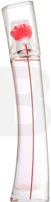A clear product shot of a perfume bottle with a red flower inside.