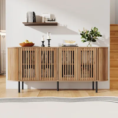 Produktbild von Merax Sideboard Kommode mit 4 perforierten Schiebetüren, Stauraumschrank mit verstellbaren Einlegeböden, MDF Buffet-Schrank, Metallbeinen, Natur