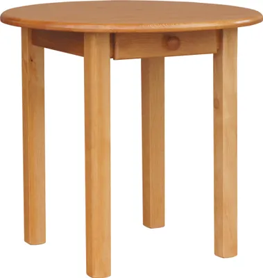 A round wooden kitchen table with four legs and a single drawer.
