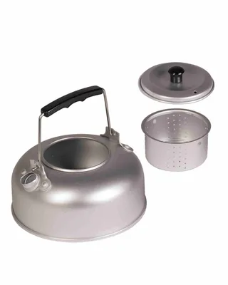A camping kettle and its accessories are displayed against a white background.