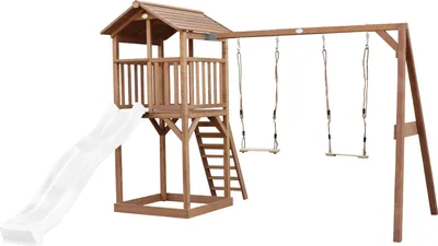 Image de Axi Beach Tower Aire De Jeux Avec Toboggan En Blanc, 2 Balançoires & Bac À Sable | Grande Maison Enfant Extérieur En Marron | Cabane De Jeu En Bois