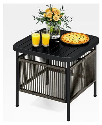 Produktbild von Beistelltisch aus Polyrattan mit Schirmloch, Gartentisch für Balkon und Terrasse, wetterfest, 56 x 56 x 49 cm, Schwarz