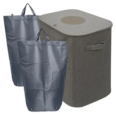 Produktbild von Relaxdays Pfandflaschen Sammelbehälter, 100 L, 2 Tragetaschen, abwischbar, Recycling, Flaschensammler für Leergut, grau