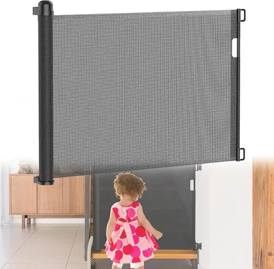 Produktbild von QEENTOE Rückrollbares PVC‑Türgitter 87×180cm, Sicherheitsbarriere für Babys und Haustiere (Schwarz, 180 cm)