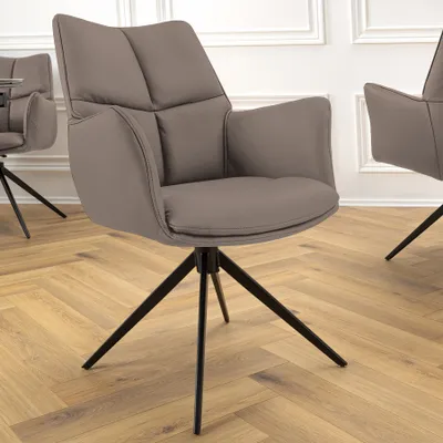 Produktbild von riess-ambiente Drehbarer Stuhl PAPILLON braun Echtleder schwarz Metallgestell mit Armlehne Esszimmerstuhl Essstuhl
