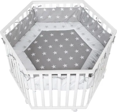 Produktbild von roba Laufgitter, 6-eckig, inkl. Schutzeinlage 'Little Stars' & Rollen, Holz weiß