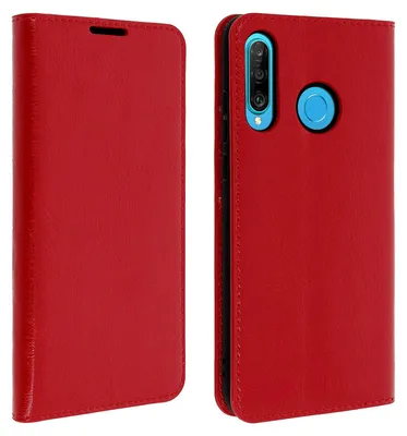 A red leather flip case for a Huawei P30 Lite phone, shown from two angles.