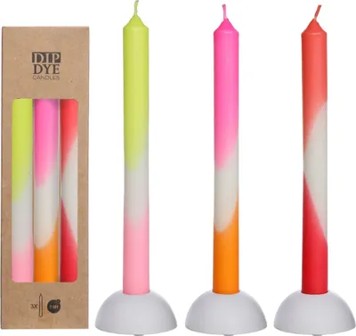 Produktbild von Dip-Dye-Kerzen im Set mit 3 Stück, Höhe 24cm, in vielen Farben erhältlich | Stabkerzen, Farbe:Pink - Orange - Gelb