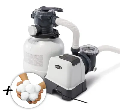 Produktbild von INTEX 26646GS - Sandfilterpumpe (7,9m³l/hr, bis 32m³ Pool) + Filterkugeln 700g