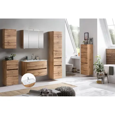 Produktbild von Badmöbel Set LAURIA-03 in Wotaneiche Nb. mit Glasbecken weiß, BxHxT: ca. 200x200x49 cm