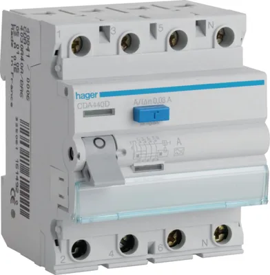 A close-up studio shot of a Hager CDA 440 D FI Schutzschalter (circuit breaker).