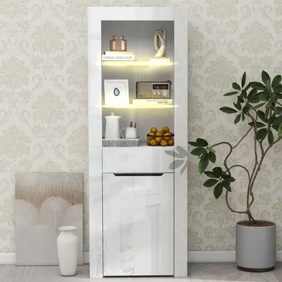 Produktbild von MODFU Vitrinen Bücherschrank Standvitrine Aufbewahrungsschrank mit Regalen für Küche Wohnzimmer Büro Esszimmer, Weiß