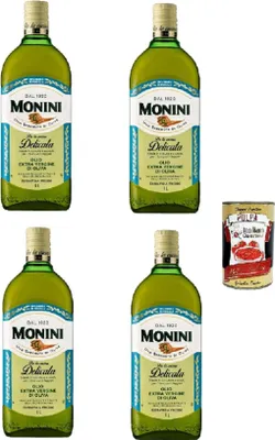 Produktbild von Monini Delicata Natives Olivenöl Extra 4×1 L – mild & ausgewogen, kalt extrahiert, 100% italienische Oliven – ideal für Salate & Kochen – + Italian Gourmet polpa