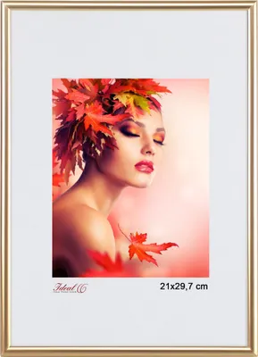 A framed image of a woman with autumn leaves in her hair.