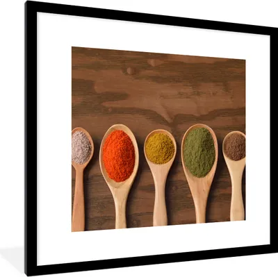 Produktbild von MuchoWow® Gerahmtes Poster Schöpfkelle - Kräuter - Lebensmittel - Gewürze - Tisch 40x40 cm - Poster mit Schwarzem Bilderrahmen Wandposter Rahmen Foto Bilder - Poster - Plakat im Rahmen