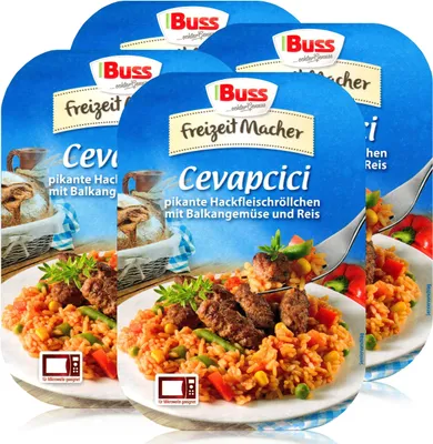 Produktbild von Buss Cevapcici mit Balkangemüse und Reis 300g- Fertiggericht (4er Pack)