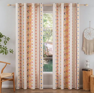 Obrázok produktu pre 2 kusy závesov, boho vzor, vodeodolné, s okami, vhodné do spálne, obývačky, na balkón alebo do záhrady, farba: oranžová, rozmer: 132 x 213 cm