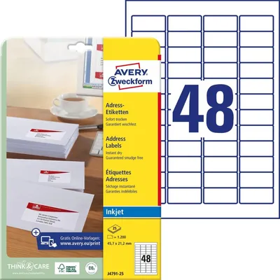 Zdjęcie produktu dla Avery J4791-25, Biały, Zaokrąglony prostokąt, Na stałe, 45.7 x 21.2 mm, A4, Papier