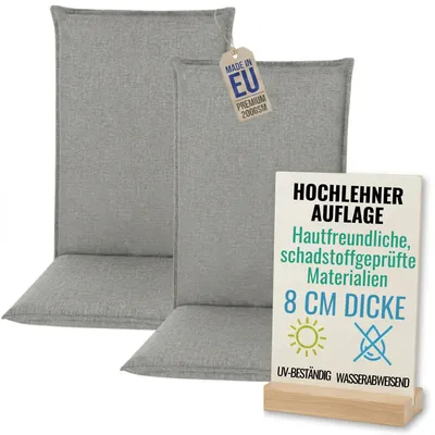 Produktbild von Pillows24 - 2x Hochlehner Auflagen 120x50x8 cm | Bequeme & Wetterfeste Gartenstuhlauflagen | Sitzkissen für  Gartenmöbel |   EU | Dunkelgrau