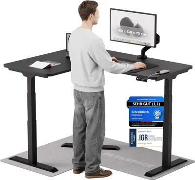 Produktbild von DESKSPACE CORNER Schreibtisch, Elektrisch höhenverstellbar, 160 x 130 x 70 cm, Schwarzes Tischplatte, Schwarzes Gestell