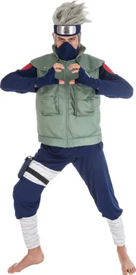 A person dressed in a Kakashi costume from Naruto stands with their hands in a specific pose.