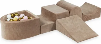 Produktbild von Schaumstoff-Spielset mit Hügel und Mikro-Bällepool – Samtig weiches Dunkelbeige + 100 Bällebadbälle / Weiß, Babyrosa, Beige, Altgold