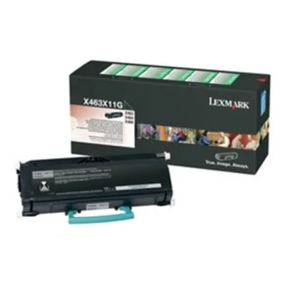 A black Lexmark toner cartridge and its packaging are shown against a white background.