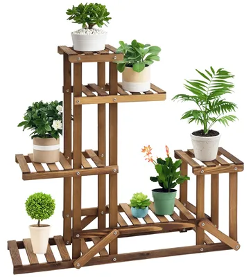 Image de Étagère à fleurs - Support à fleurs à 6 niveaux - Bois de sapin - Surface en bois carbonisé
