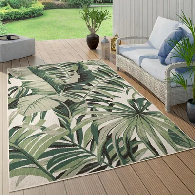 Produktbild von Outdoor Teppich Wetterfest Balkon Palmen Dschungel Florales Boho Muster Grün Grösse 140x200 cm