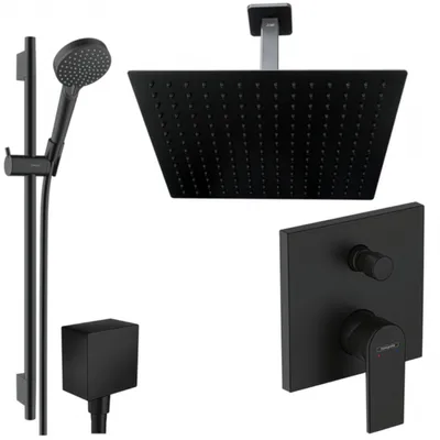 Produktbild von Hansgrohe und Jowi Unterputz Duschsystem Schwarz, Vernis Shape, 650mm Brausestange, Duscharmatur, Deckenanschluss, OHNE iBox