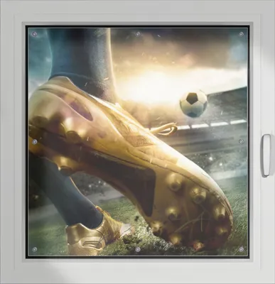 Produktbild von Wallario Lichtschutzbild, Dekorativer Sichtschutz Sonnenschutz 96 x 93 cm mit Motiv: Fußball Goldschuh auf dem Feld - Verdunklung ohne Bohren