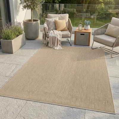 Produktbild von Outdoor Teppich Wetterfest Balkon Terrasse Braun 150x150 cm Quadratisch - Modernes Streifen-Muster, Flachgewebe