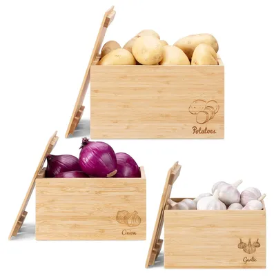 Produktbild von 3x Vorratsdosen - Stapelbare Bambusboxen - Rustikale Aufbewahrungsbehälter für Kartoffeln, Zwiebeln und Knoblauch -