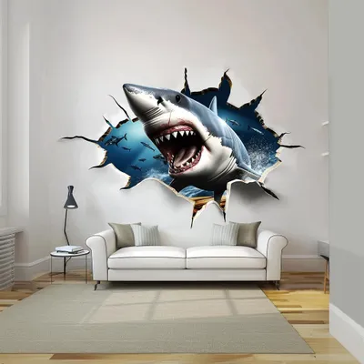 Produktbild von Decords Wandtattoo – Weißer Hai im aufgebrochenen 3D-Wandloch, 40 cm