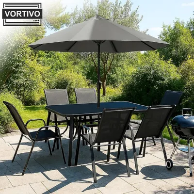 Produktbild von VORTIVO 8-teiliges Gartenmöbel-Set für 6 Personen mit Sonnenschirm – stapelbare Stühle, Tisch mit Glasplatte – wetterfest – Schwarz