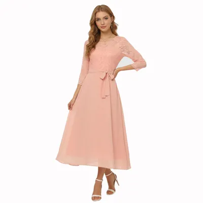 Produktbild von Damen Midi Kleid mit 3-4 Ärmeln, Spitze und Chiffon, elegante A-Linie für Hochzeit als Brautjungfernkleid, Größe 38