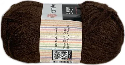 A ball of brown yarn with a label.