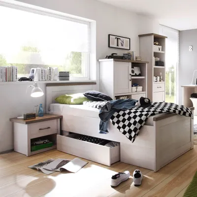 Produktbild von Jugendzimmer Set 4-tlg. LUND-78, Landhausstil, Pinie weiß Nb./Trüffel Eiche Nb.