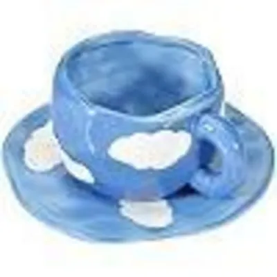 Immagine prodotto di Set di tazze da caffè con piattini, in Vetroceramica, capacità 300 ml, colore blu scuro e bianco, realizzate a mano