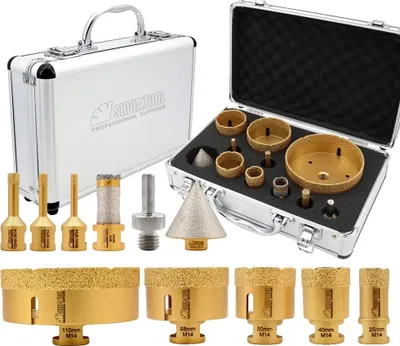 Obrázek produktu pro Sada diamantových vrtáků, různé velikosti, odolná konstrukce, 11 kusů, závit M14