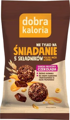 Zdjęcie produktu dla Dobra Kaloria Kulki Śniadaniowe Owiane Gorzka Belgijska Czekolada Z Miodem Bez Laktozy 40 G