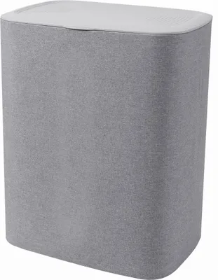 A grey fabric laundry basket with a white lid, shown against a white background.