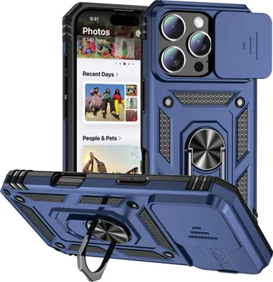Immagine prodotto di Custodia per iPhone 16 Pro a doppio strato con copertura scorrevole della fotocamera e supporto ad anello blu