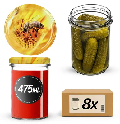 Produktbild von KADAX Einmachgläser 475ml mit Ø 82 mm Schraubdeckel, Marmeladengläser, Schraubgläser zum Einkochen, Einmachen und Aufbewahren von Marmelade & Honig (Biene, 8 Stück)