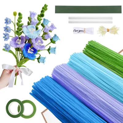 Produktbild von Pfeifenputzer Blumen Bastelset 400 Stück 5 Farben mit Basteldraht Staubblatt Geschenkpapier