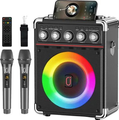 Obrázek produktu pro Karaoke stroj, 24hodinová výdrž baterie, dynamické světelné efekty, bezdrátové připojení, vysoce kvalitní zvuk
