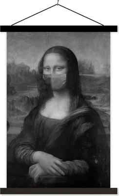 Produktbild von MuchoWow® Textilposter Mona Lisa mit dunkelblauer Mundhaube - Gemälde von Leonardo da Vinci - schwarz-weiß 40x60 cm mit schwarzem Rahmen - Wanddekorationen