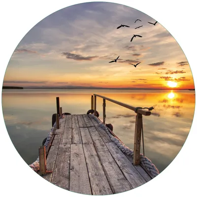 Produktbild von Wallario Premium Glasbild, freischwebende Optik, kräftige Farben, rund 50cm Durchmesser, Motiv Sonnenuntergang über dem See  idyllischer Steg